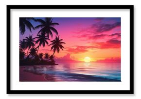 Gorgeous tropical sunset over beach with palm tree silhouettes Perfect for summer travel and vacation