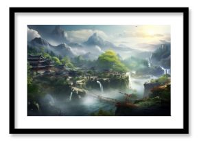 Beautiful Japanese mountainous terrain with fog in the background game art