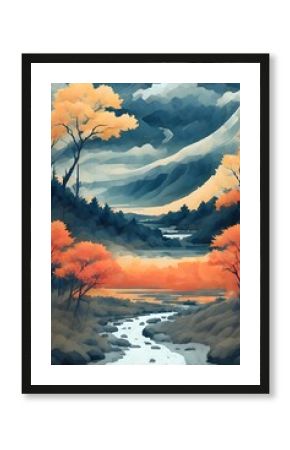 river flow. Meadow landscape. AI generated illustration