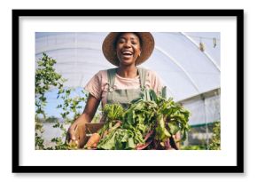 Smile, greenhouse and portrait of black woman on farm with sustainable business, nature and plants. Agriculture, gardening and happy female farmer in Africa, green vegetables and agro farming food.