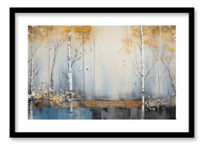 Abstract art acrylic oil painting of forest birch trees landscape with gold details and reflection of water from a lake (Generative Ai)