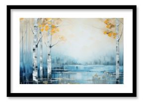 Abstract art acrylic oil painting of forest birch trees landscape with gold details and reflection of water from a lake (Generative Ai)