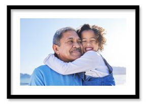 Grandfather, child and happy at the beach for vacation and travel together on outdoor holiday for happiness. Hug, smile and grandparent with kid or young grandchild by the ocean or sea for adventure