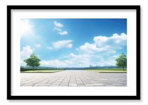 Deserted street with serene garden backdrop and clear blue sky