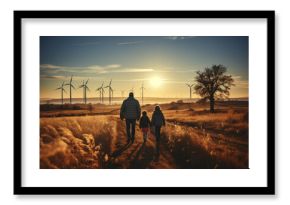 Father with two little girls walking on field with wind power station.