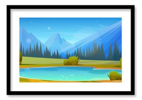 Cartoon landscape with small lake, green meadow, trees and pines in forest and high peaks of mountains. Horizontal panoramic summer scene with water pond and rocky hills with blue clear sky.