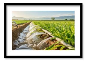 Water on a farm leek onion plantation flows through irrigation canals Conservation of water and reduction of pollution in agriculture Plant care and food growth