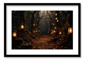 A haunted forest trail illuminated by eerie lanterns and flickering candles. Generative Ai.
