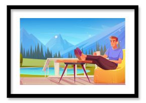 Man sitting on porch with mountain view cartoon background. Table and armchair on summer cottage wooden terrace. 2d pine forest distant landscape with character hold coffee on balcony concept.