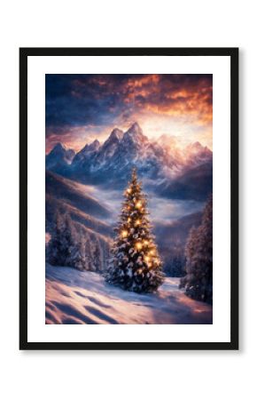Christmas tree in a winter forest, decorated with garlands and lights, snow covered mountains, beautiful nature at sunset