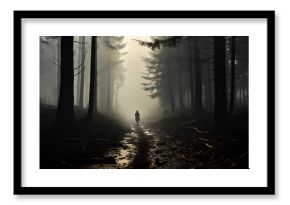 landscape misty path in the forest in the rays of the sun at dawn mysterious view.