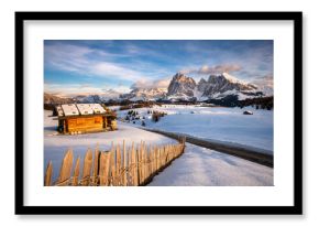 Panorama of the Alpe di Siusi in winter after a snowfall, Bolzano, Italy