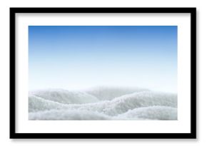 Banner of sparkling fluffy white snow hills. Wintertime snow border with blue sky.