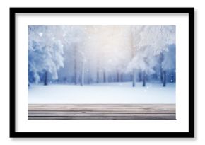 Empty table in beautiful winter landscape, wood plank board in snow mountain outdoor comeliness
