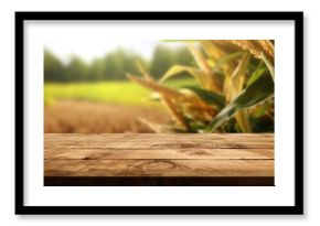 The empty wooden brown table top with blur background of corn field. Exuberant image. generative AI