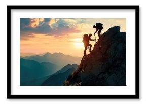 A photo capturing two individuals ascending the steep face of a towering mountain, An image of a supportive friend assisting in a mountain climb, AI Generated