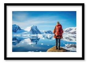Antarctic Polar Expedition: A Happy Tourist Woman with a Backpack Explores Antarctica's Adventurous Terrain, Surrounded by Towering Icebergs and Pristine Snowfields 