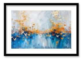 An abstract oil painting, a mural, a modern artwork, painted with spots and strokes, golden elements, orange, gold, blue. An oil painting with a large stroke.