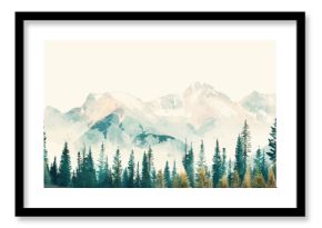 Digital painting of mountains and coniferous forest on a white background