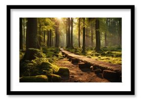 A scenic path winds through a lush forest, dappled sunlight filtering through the dense canopy of trees and casting a golden glow on the woodland floor