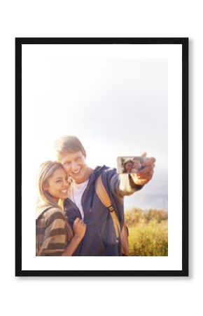 Phone screen, selfie and hiking couple hug in nature for photography, memory or blog profile picture. Smartphone, app and people outdoor with love, happy or smile for social media travel vlog update