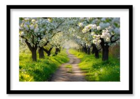 A dirt road winds through a picturesque landscape, lined with towering trees and adorned with white flowers, A romantic pathway under blossoming apple trees, AI Generated