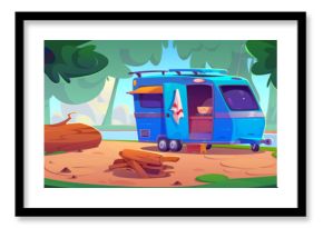 Camping place with camper van with tent and open door standing in forest near logs on bonfire pit and large wood trunk on ground as seat. Cartoon summer scene with caravan for outdoor relax and travel