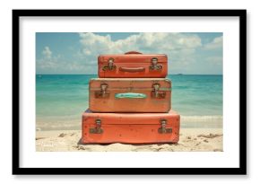 Vintage suitcases stacked on a sandy beach with clear blue sky and turquoise sea in the background.