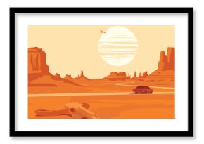 Hot summer landscape with deserted valley, mountains, winding road,  single passing car and skull bull. Western scenic illustration. Decorative vector background, Wild West prairie
