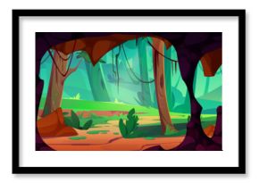 View on jungle from inside cave with stone walls and stalactites. Cartoon vector landscape of summer rain forest with trees and liana vines through cavern hole entrance. Prehistoric underground grotto