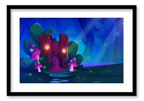 Fantasy fairytale gnome or animal house made from wood stump with light in windows at night. Cartoon vector magic forest landscape with tiny elf home with mushrooms and glow elements under moonlight.