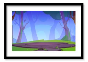 Arena field in forest with tree and grass nature landscape. Summer cartoon podium in outdoor park environment. Adventure game foliage panorama wallpaper with glade for battle. Fantasy scene design