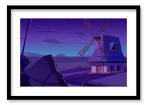 Old windmill in night summer field. Vector cartoon illustration of rural scenery with wheat farmland, blades on roof of house, haystack with pitchfork, stars glowing in dark sky, farming game backdrop