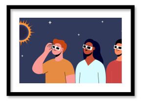 A group of people wearing safety glasses watch a solar eclipse. Vector illustration