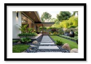Modern villa with featuring a garden landscape. The garden is portrayed with a simple layout, clean and tidy. Generative AI.