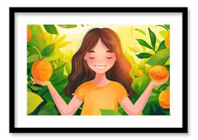 A girl with a happy facial expression is holding oranges in her hands in a garden. The lush green grass, trees, and yellow fruits create a picturesque scene of nature