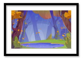 Autumn forest landscape with orange leaf on trees and falling, lake and green grass on shore under rain droops. Cartoon vector fall season scenery of woodland with pond in rainy cloudy weather.