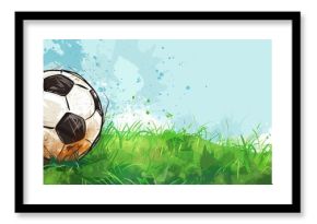 The soccer ball rests peacefully on the lush green grass field, surrounded by happy people in nature. The sky above complements the natural landscape, making it perfect for playing football