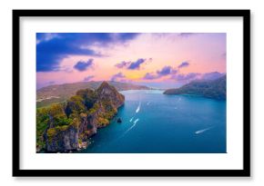 Aerial view of Nui beach in koh Phi Phi Don island, in Krabi, Thailand, sunset light