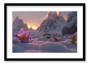  Purple flower in snowy field with mountains in background