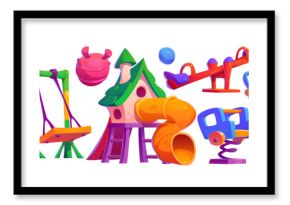 Playground park landscape set with slide and swing for kid. Kindergarten equipment icon isolated on white background. School playset template for children amusement with seesaw and rocking toy game
