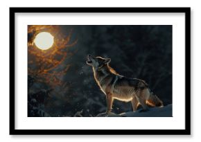 In the stillness of the night a lone wolf howls at the luminous silver orb in the sky adding a touch of wild mystery to the wintry . .