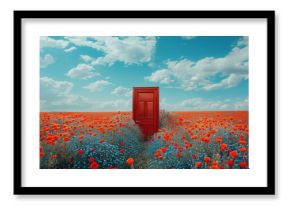 A vivid red door stands alone in the middle of a poppy field under a clear blue sky, symbolizing a concept of opening to nature. Generative AI