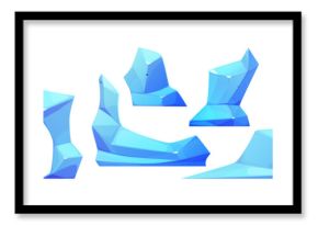 Ice floe pieces and framed mountain cliff. Cartoon vector illustration set of frozen water chunk for arctic landscape. Blue glacier cube floating in sea or ocean. North freeze snow glass rock.