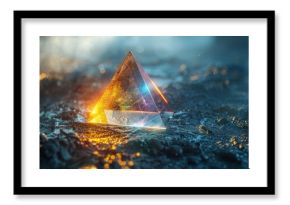 Glass prism triangle on dark background, light dispersion captured, surrealism, portrait shot, vivid and detailed, AI Generative