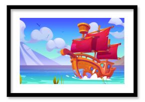 Old wooden ship with red sails floating in sea. Vector cartoon illustration of seascape scenery with vintage vessel sailing on water, rocky mountains with glacier, birds in blue sky, dream symbol