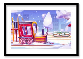 Kid playground in public city park or kindergarten yard covered with snow in winter. Cartoon vector urban snowy landscape with children swing and sandbox, carousel and slide for childhood activity.