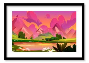 Mountain landscape with lake and daisy flowers on banks on sunset or sunrise. Pond or river near foot of high rocky hills with orange and pink gradient sky with clouds. Cartoon vector evening scenery.