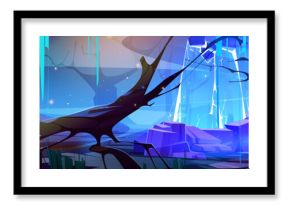 Magic portal in fantasy game landscape background. Night alien planet scene with blue lightning gate to cosmic nightmare universe. Adventure dry forest nature with stone and fantastic mystic hole