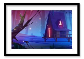 Wooden house on stilts in forest at night. Cartoon vector dark dusk woodland landscape with little cozy rural hut or hotel cabin with light in windows, trees and snag, stone path and fireflies.